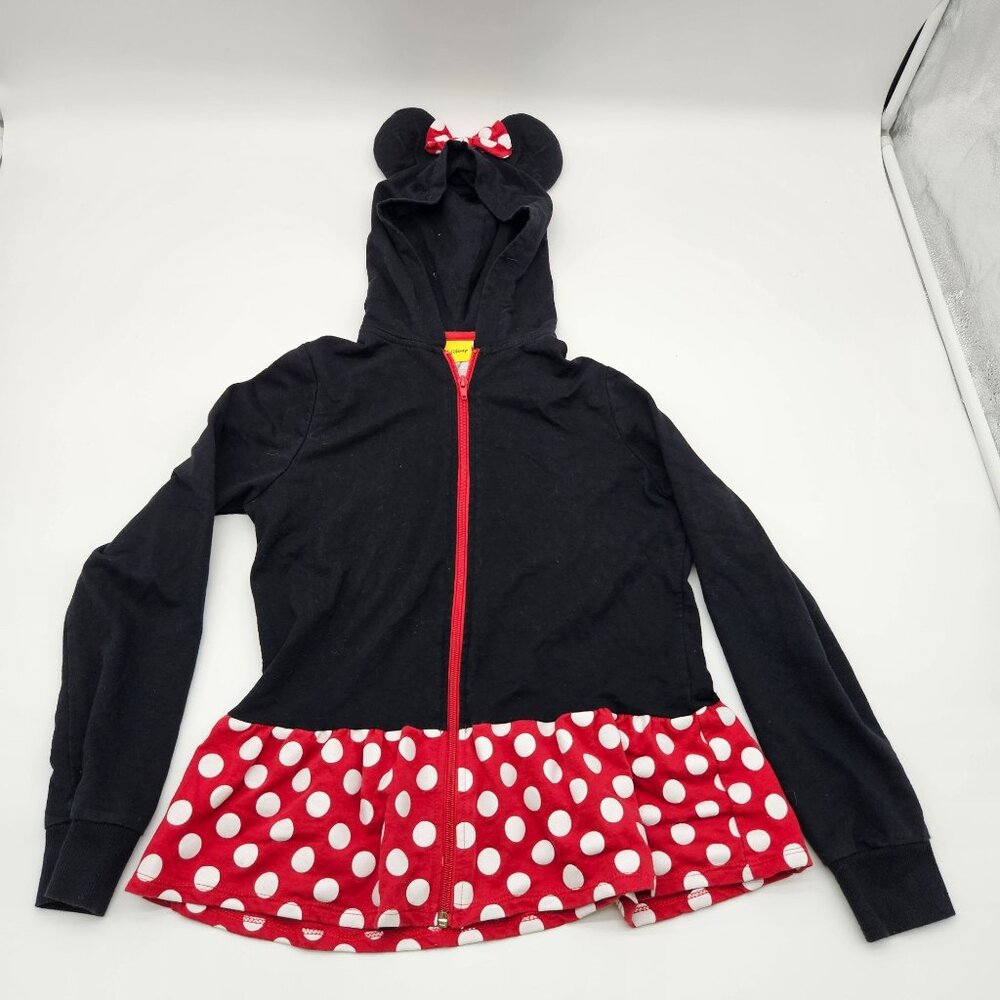 Disney Minnie Mouse XS Black & Red Polka Dot Hoodie Jacket With Ear &‎ Bow